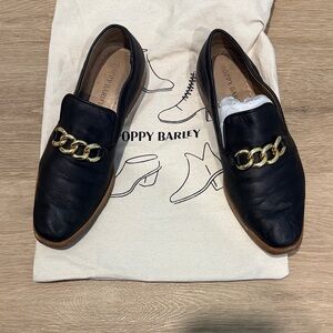 Poppy Barley Black Leather Loafers with Gold Chain